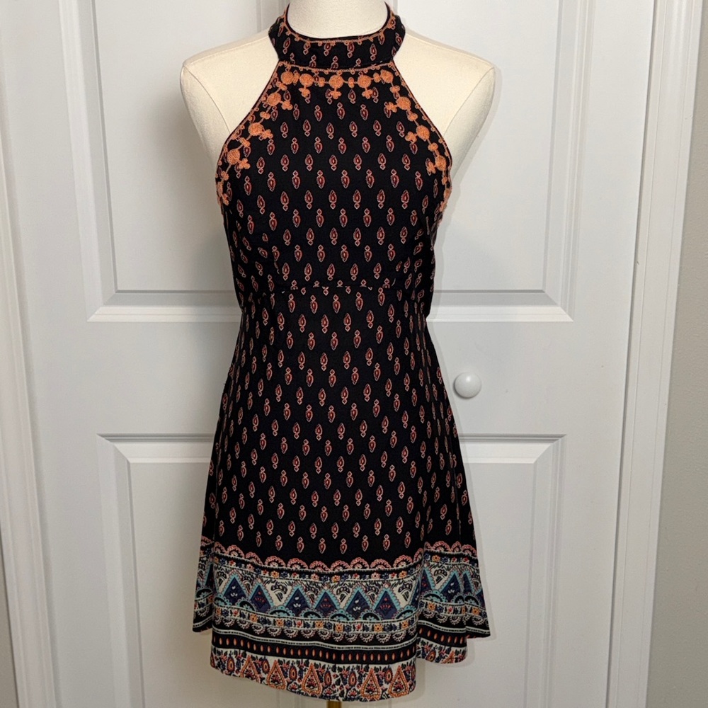 Millau Rayon Halter Neck Patterned Dress with Embroidery